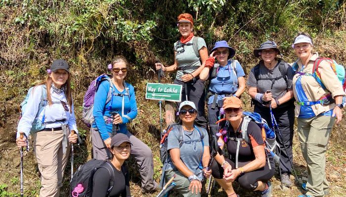 Group trekking photo on trail to Lukla